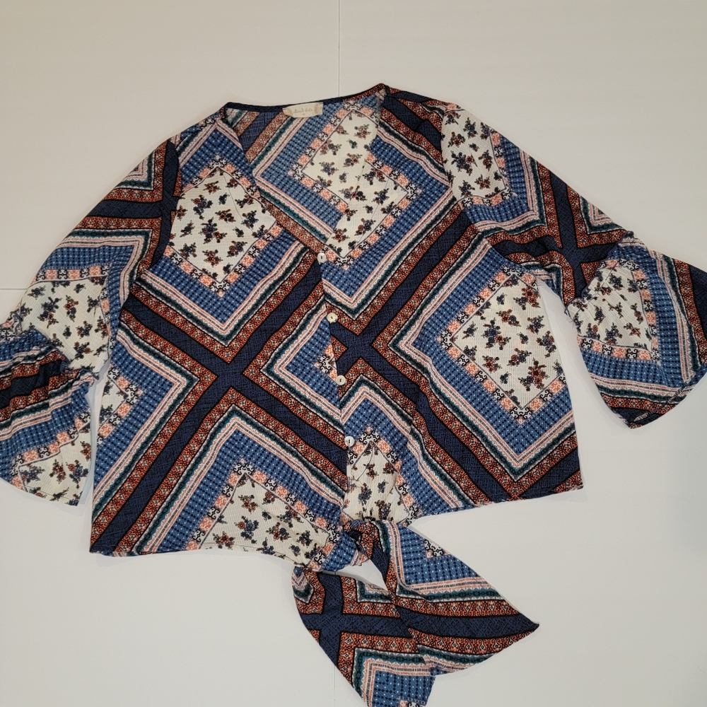 Altar'd State Boho Bell Sleeve Waist Tie Button Up Shirt Medium